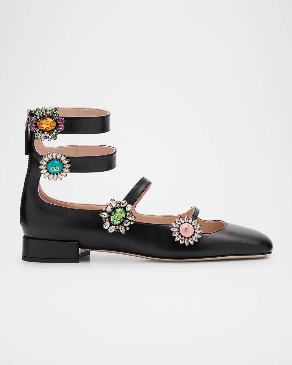 Leather Jewel Four-Strap Ballerina Flats